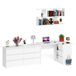 Комод широкий 6-ть ящиков Мори МК1380.6 с угловым компьютерным столом МС-16 правым и открытой книжной полкой