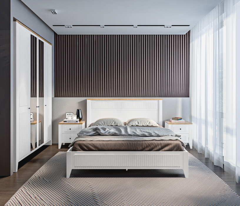 Спальные гарнитуры, Набор для спальни Монтана Белый Альпийский,Дуб Гамильтон/МДФ Дуб Белый