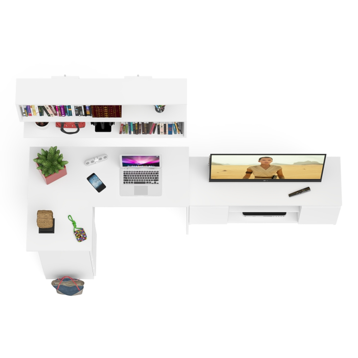 Домашние кабинеты, Угловой стол компьютерный Мори МС-16 левый с тумбой под ТВ и полкой для книг