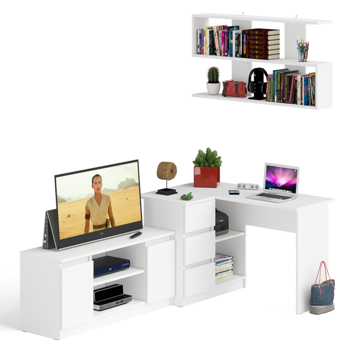 Домашние кабинеты, Угловой стол компьютерный Мори МС-16 левый с тумбой под ТВ и полкой для книг