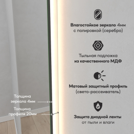 Зеркало с тёплой подсветкой GENGLASS HALFEO NF LED XL, с проводом 96х196 см