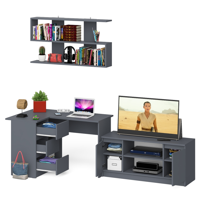 Домашние кабинеты, Угловой стол компьютерный Мори МС-16 левый с тумбой под ТВ и полкой для книг