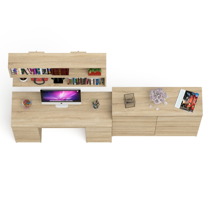 Домашние кабинеты, Полка Мори 1200 с письменным столом Мори МС-2 и комодом на восемь ящиков