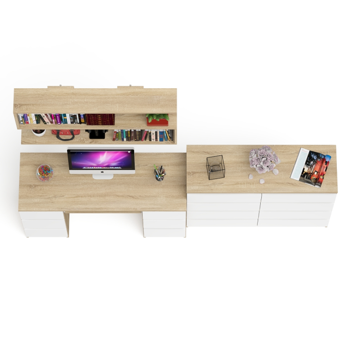 Домашние кабинеты, Полка Мори 1200 с письменным столом Мори МС-2 и комодом на восемь ящиков