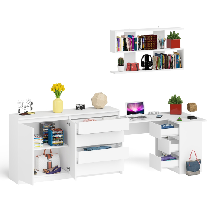 Домашние кабинеты, Тумба-комод МК1600.1 Мори с навесной книжной полкой и угловой компьютерный стол МС-16 правый