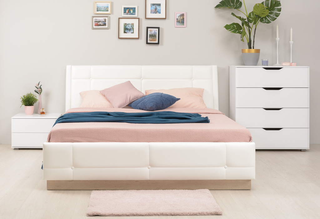 Двуспальные, Кровать Муссон 11.28ПОД с подъёмным основанием дуб эндгрейн/иск.кожа белая