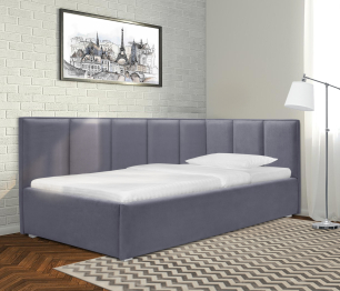 Кровать с мягким изголовьем угловая Лайф 140 с подъемным механизмом, микровелюр