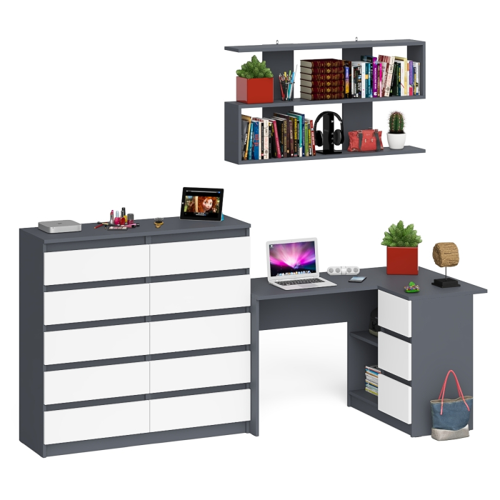 Домашние кабинеты, Набор мебели из углового компьютерного стола Мори МС-16 правого с книжной полкой и комода МК1200.10