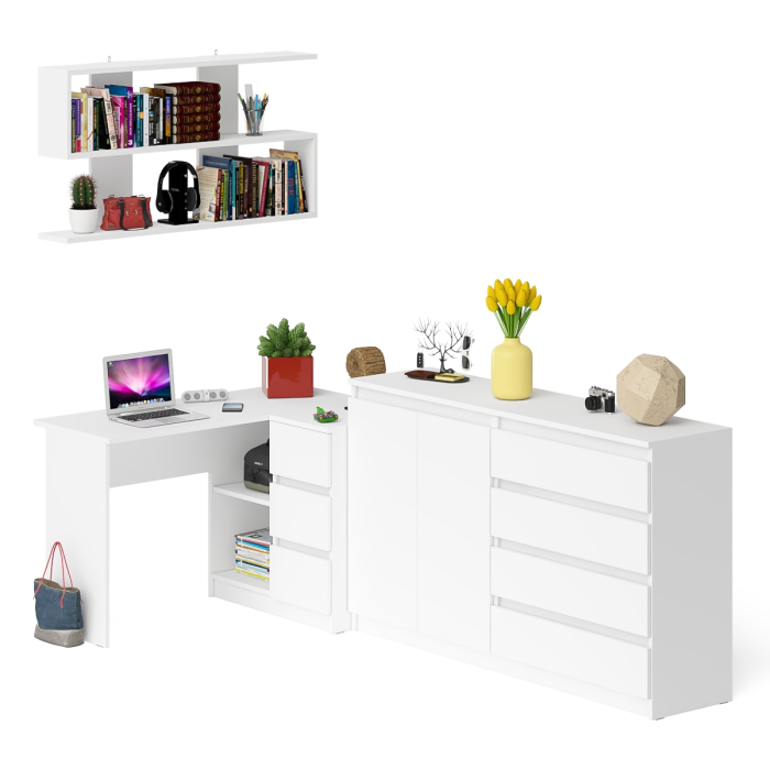 Домашние кабинеты, Тумба-комод МК1600.1 Мори с навесной книжной полкой и угловой компьютерный стол МС-16 правый