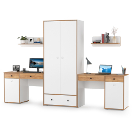 Два стола для учёбы, шкаф и две открытых полки Вуди