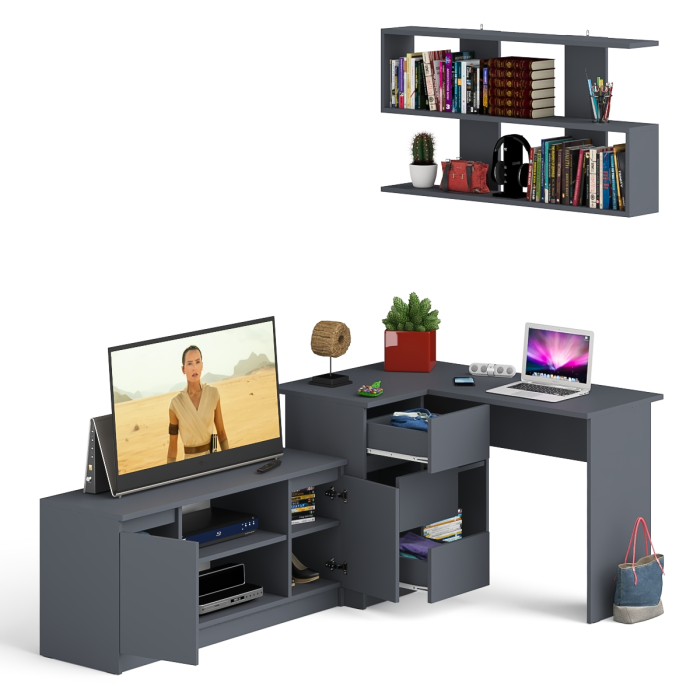 Домашние кабинеты, Угловой стол компьютерный Мори МС-16 левый с тумбой под ТВ и полкой для книг