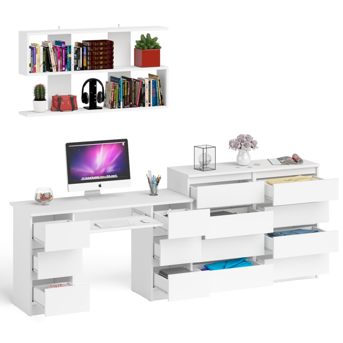 Домашние кабинеты, Полка Мори 1200 с письменным столом Мори МС-2 и комодом на восемь ящиков