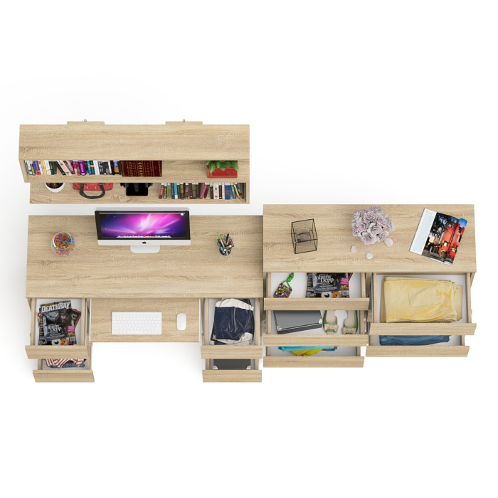 Домашние кабинеты, Полка Мори 1200 с письменным столом Мори МС-2 и комодом на восемь ящиков