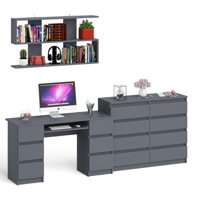 Домашние кабинеты, Полка Мори 1200 с письменным столом Мори МС-2 и комодом на восемь ящиков