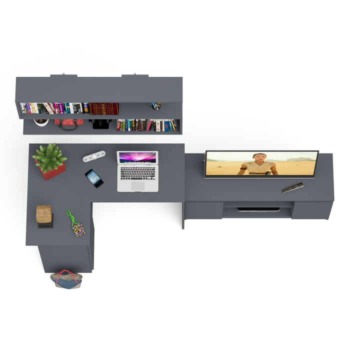 Домашние кабинеты, Угловой стол компьютерный Мори МС-16 левый с тумбой под ТВ и полкой для книг