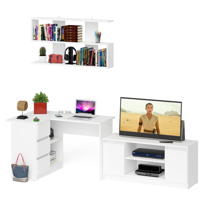 Домашние кабинеты, Угловой стол компьютерный Мори МС-16 левый с тумбой под ТВ и полкой для книг