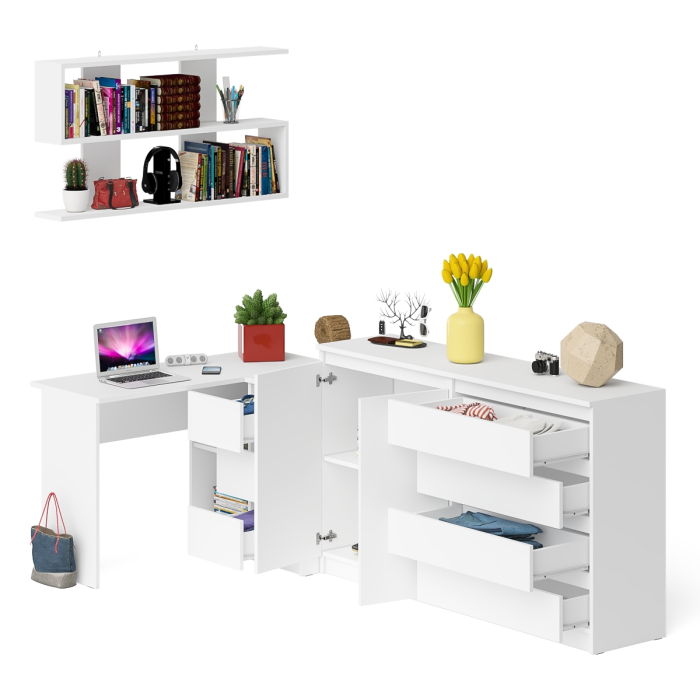 Домашние кабинеты, Тумба-комод МК1600.1 Мори с навесной книжной полкой и угловой компьютерный стол МС-16 правый