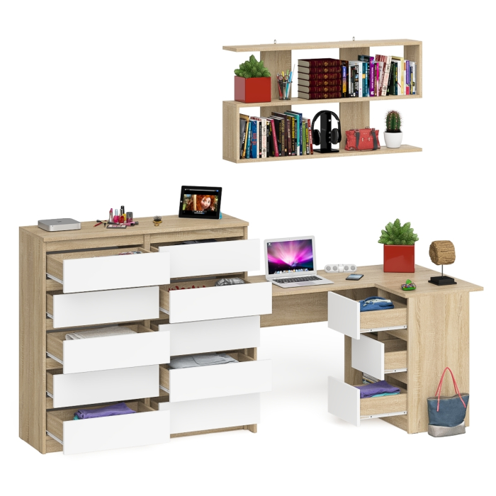 Домашние кабинеты, Набор мебели из углового компьютерного стола Мори МС-16 правого с книжной полкой и комода МК1200.10