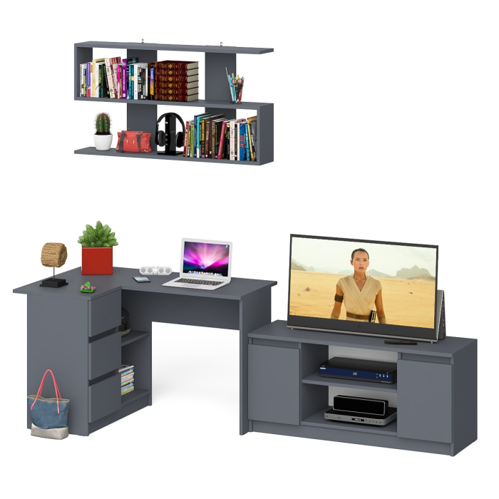 Домашние кабинеты, Угловой стол компьютерный Мори МС-16 левый с тумбой под ТВ и полкой для книг